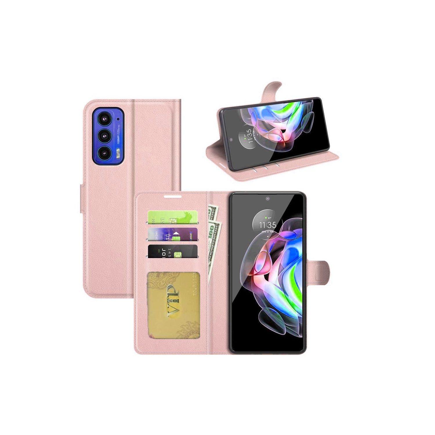 [CS] Motorola Moto Edge 2021 Case, Magnetic Leather Folio Wallet Flip Case Cover with Card Slot, Rose Gold