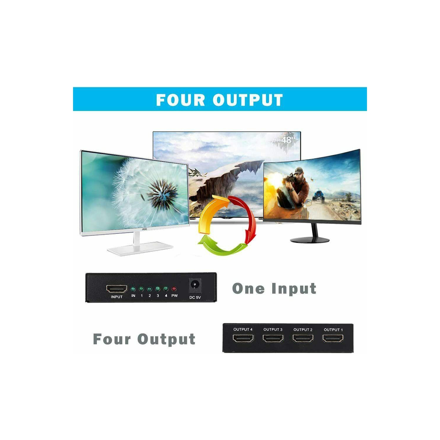 4-Port HDMI Splitter Hub Adapter Multi Display Duplicate Full HD 1080P 4K 2K 3D