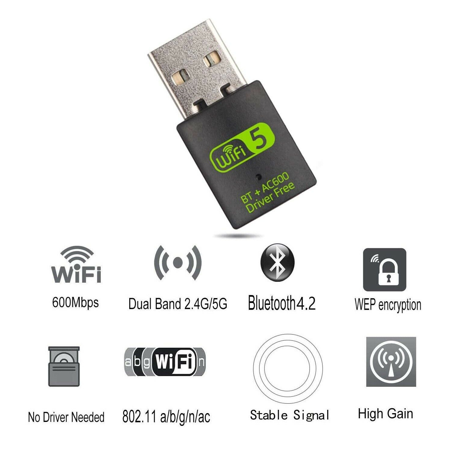 Bluetooth 4.2 USB Wireless WiFi Adapter Network Dongle 600Mbps Windows 2.4G/5G