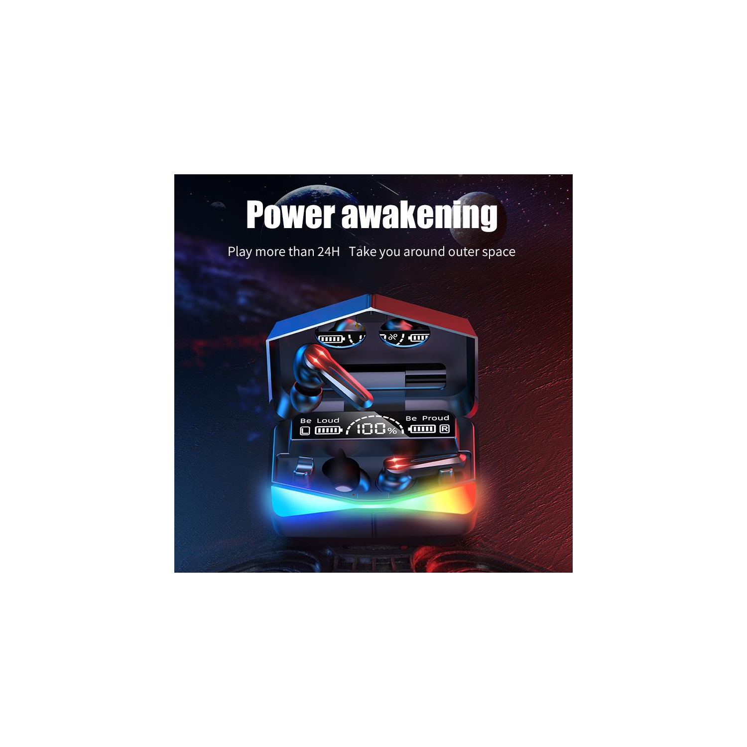 Matrix Wireless Headphones Earbuds with Charging Box and Mirror Screen LED Display Rechargeable Light with Breathing LED Rainbow Light -Black