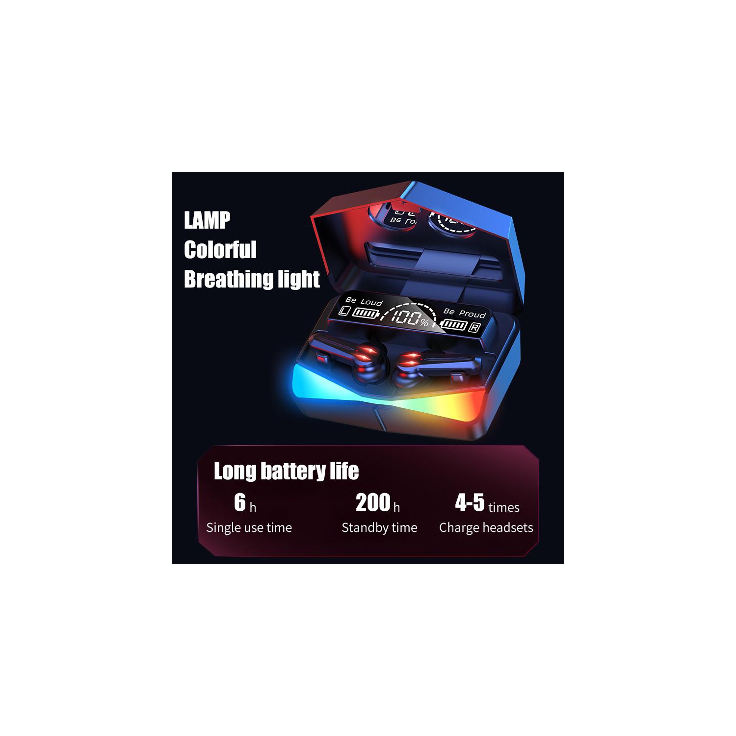 Matrix Wireless Headphones Earbuds with Charging Box and Mirror Screen LED Display Rechargeable Light with Breathing LED Rainbow Light -Black