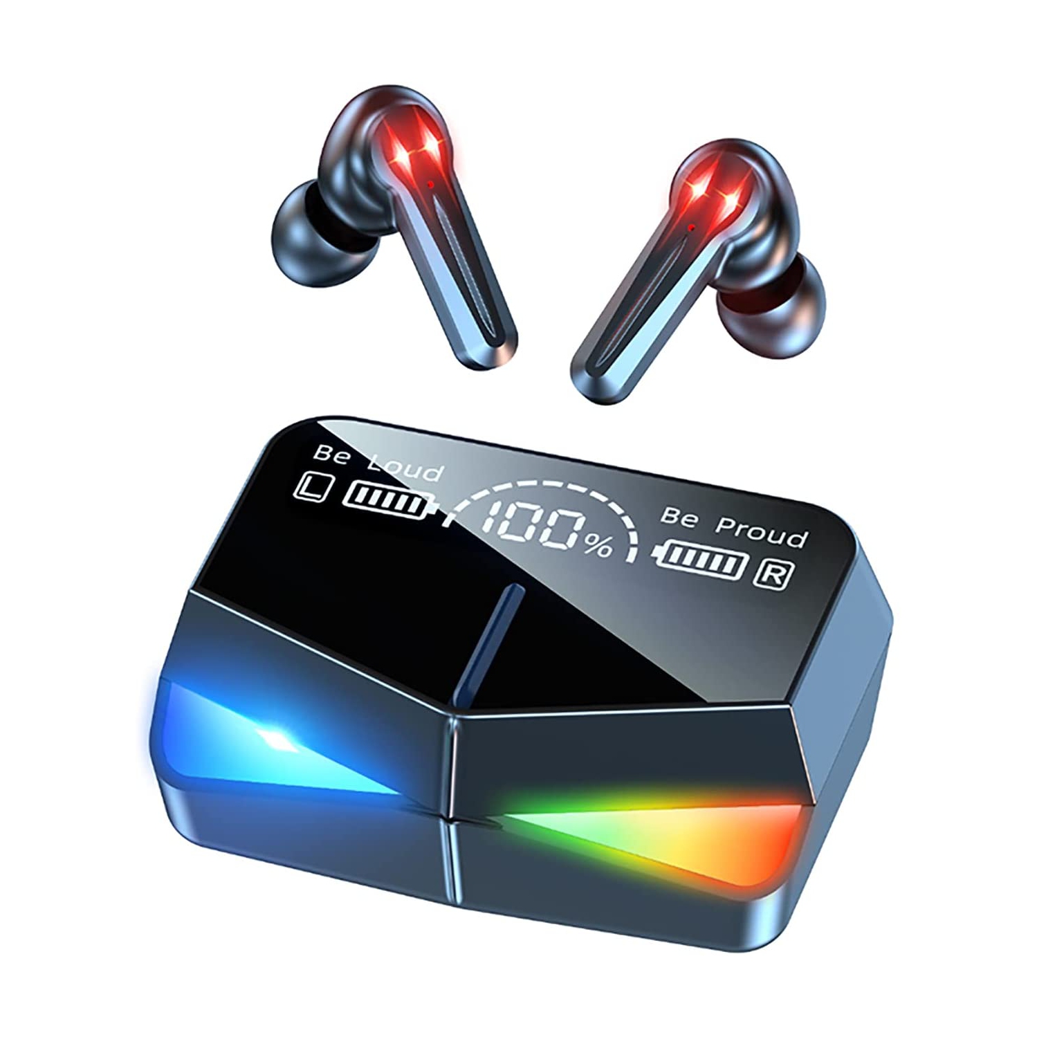 Matrix Wireless Headphones Earbuds with Charging Box and Mirror Screen LED Display Rechargeable Light with Breathing LED Rainbow Light -Black