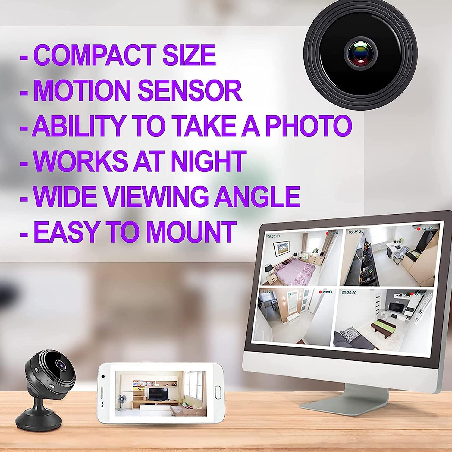 Mini caméra IP Wi-Fi de Hidensa Caméra de surveillance résidentielle Caméscope Nanny avec audio à 2 voies et détection de mouvement vision nocturne -