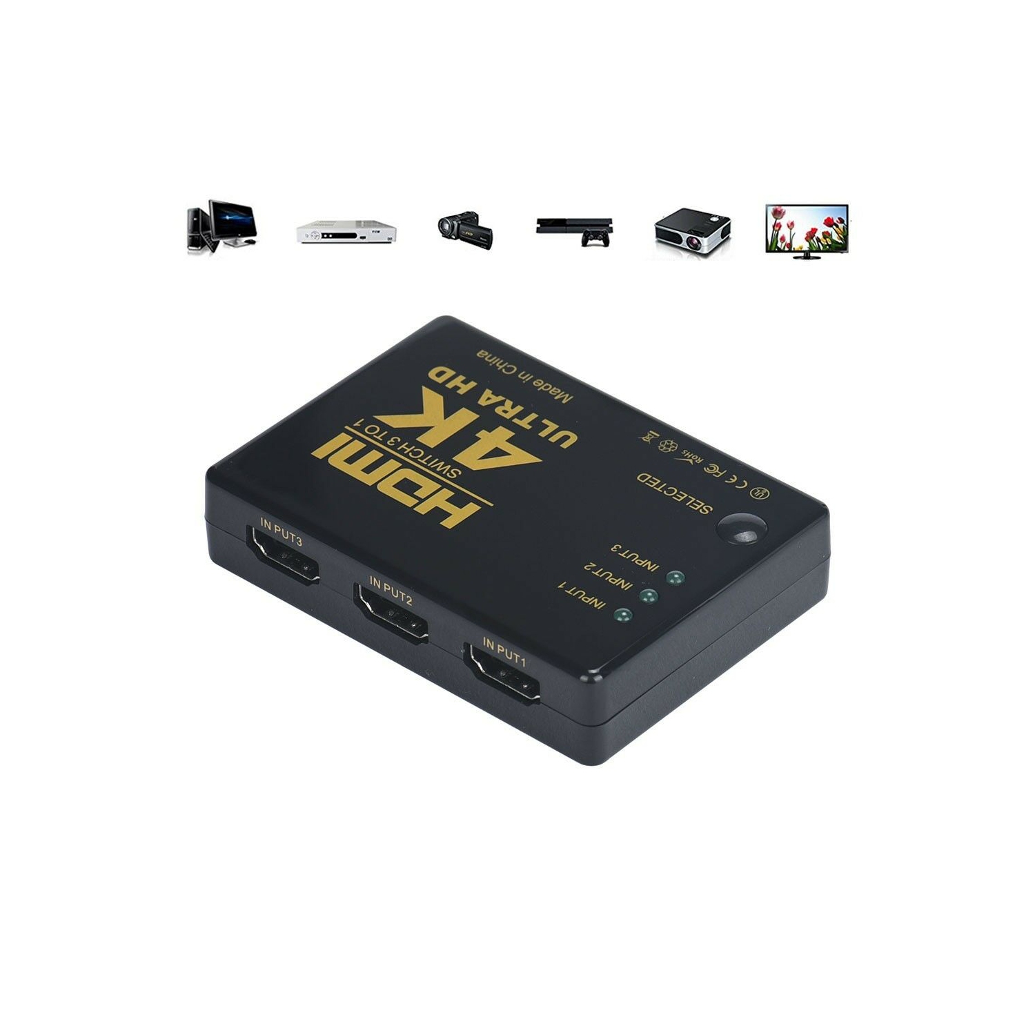 Commutateur HDMI 4K Sélecteur de commutateur, répartiteur 3 ports, boîtier de concentrateur 1080p pour TVHD HD