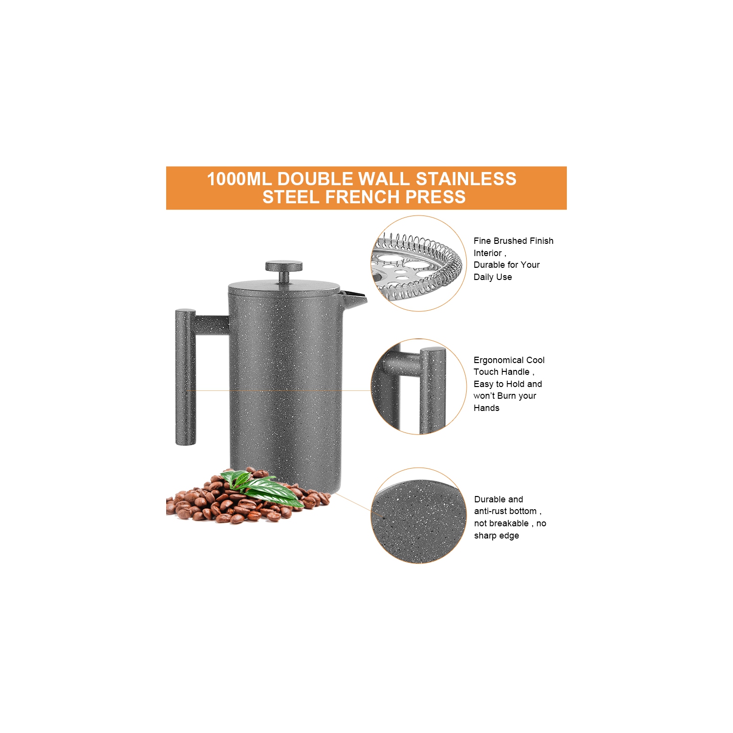 1L cafetière à piston à double paroi en acier inoxydable