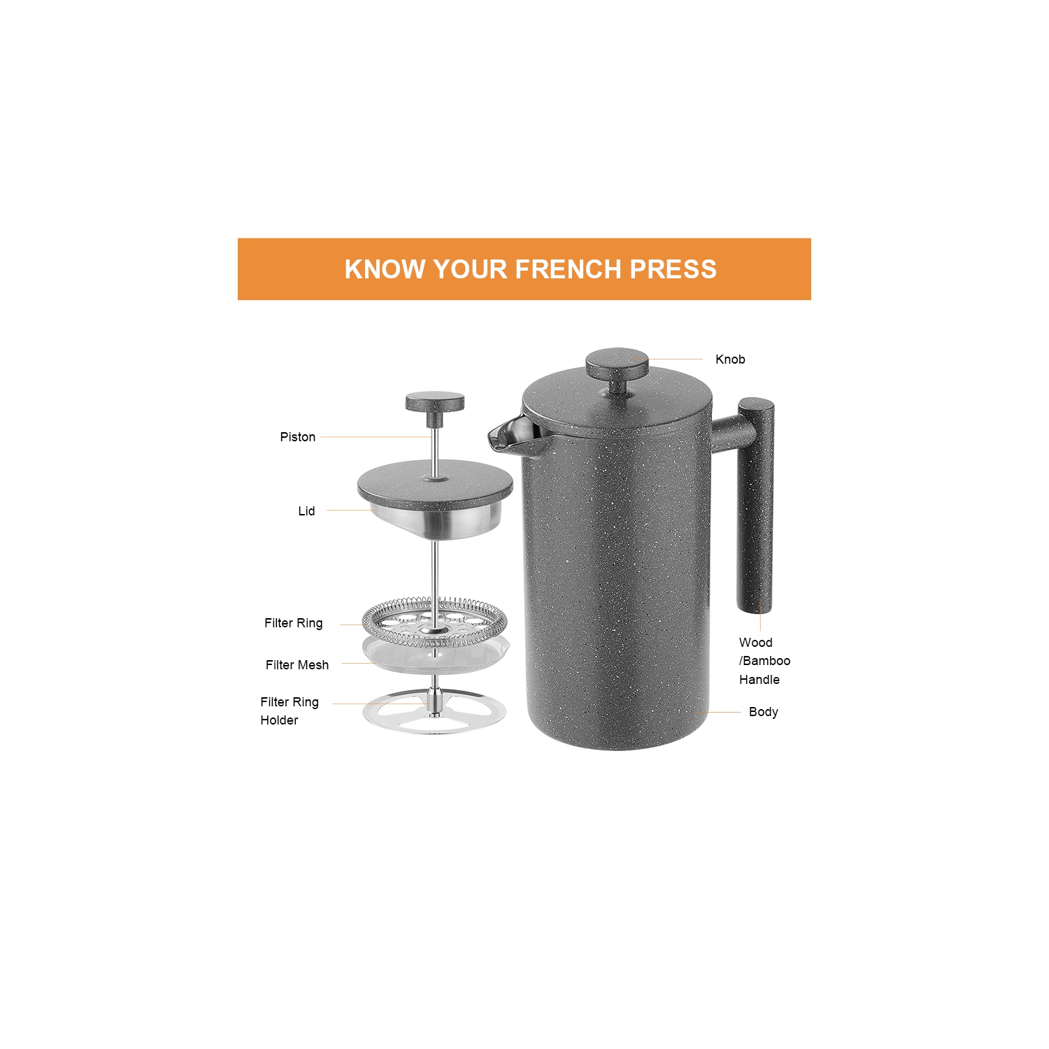 1L cafetière à piston à double paroi en acier inoxydable