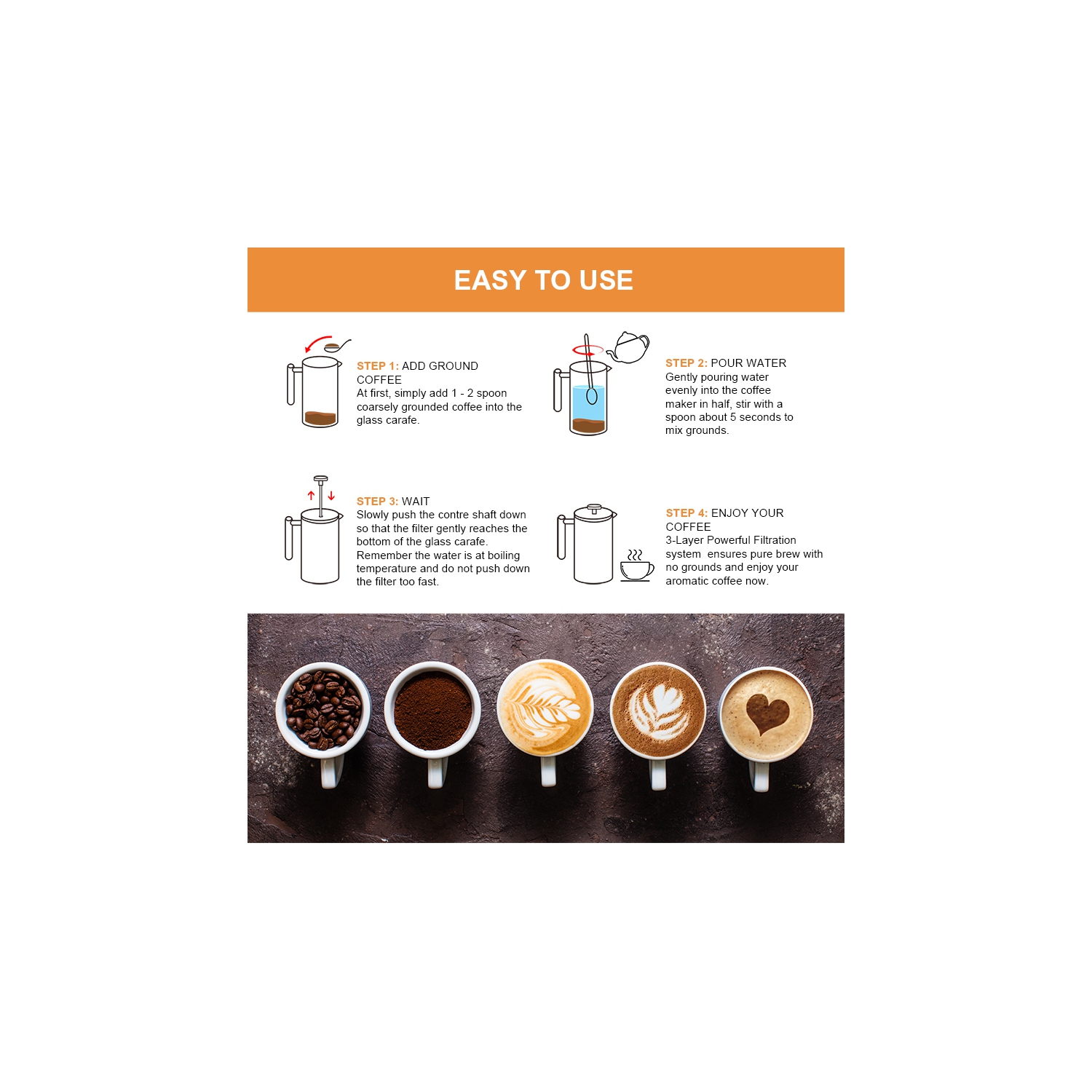 1L cafetière à piston à double paroi en acier inoxydable