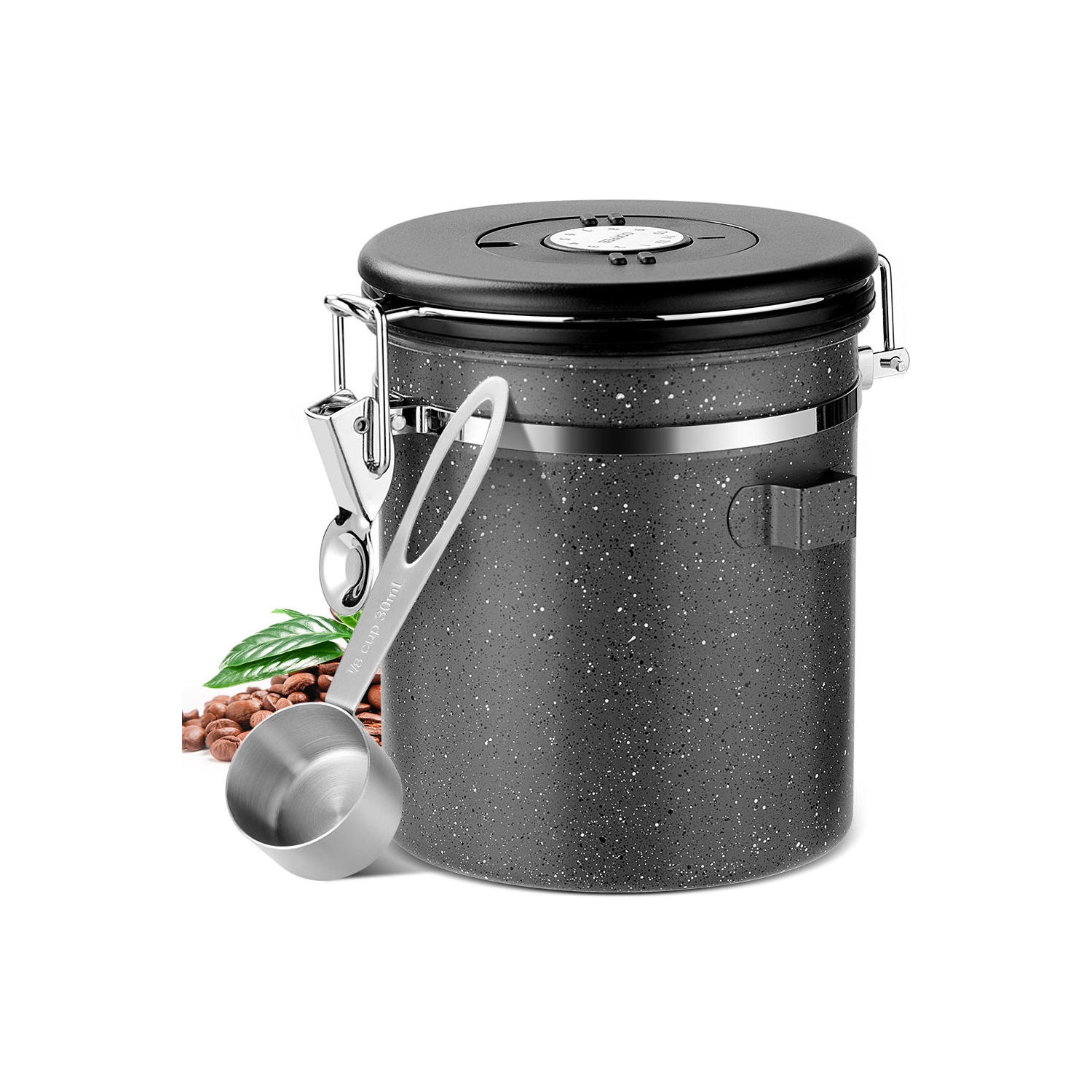 Airtight Stainless steel canister with Co2 valve & a spoon, Coffee Storage Container