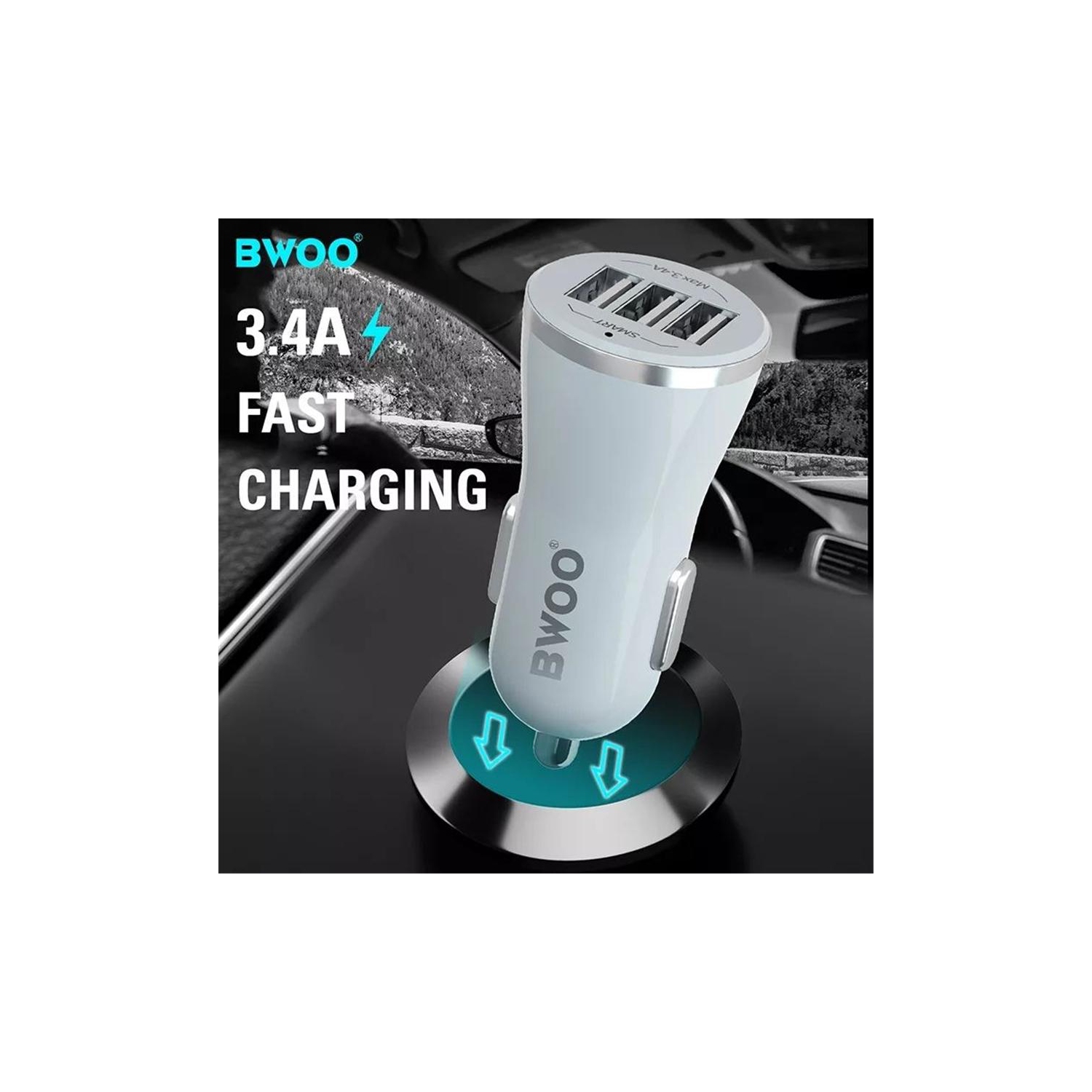 BWOO - Chargeur de Voiture avec 3 Ports USB, DC 12-24V, Sortie 5V 3.4A, Coque Ignifuge, Blanc