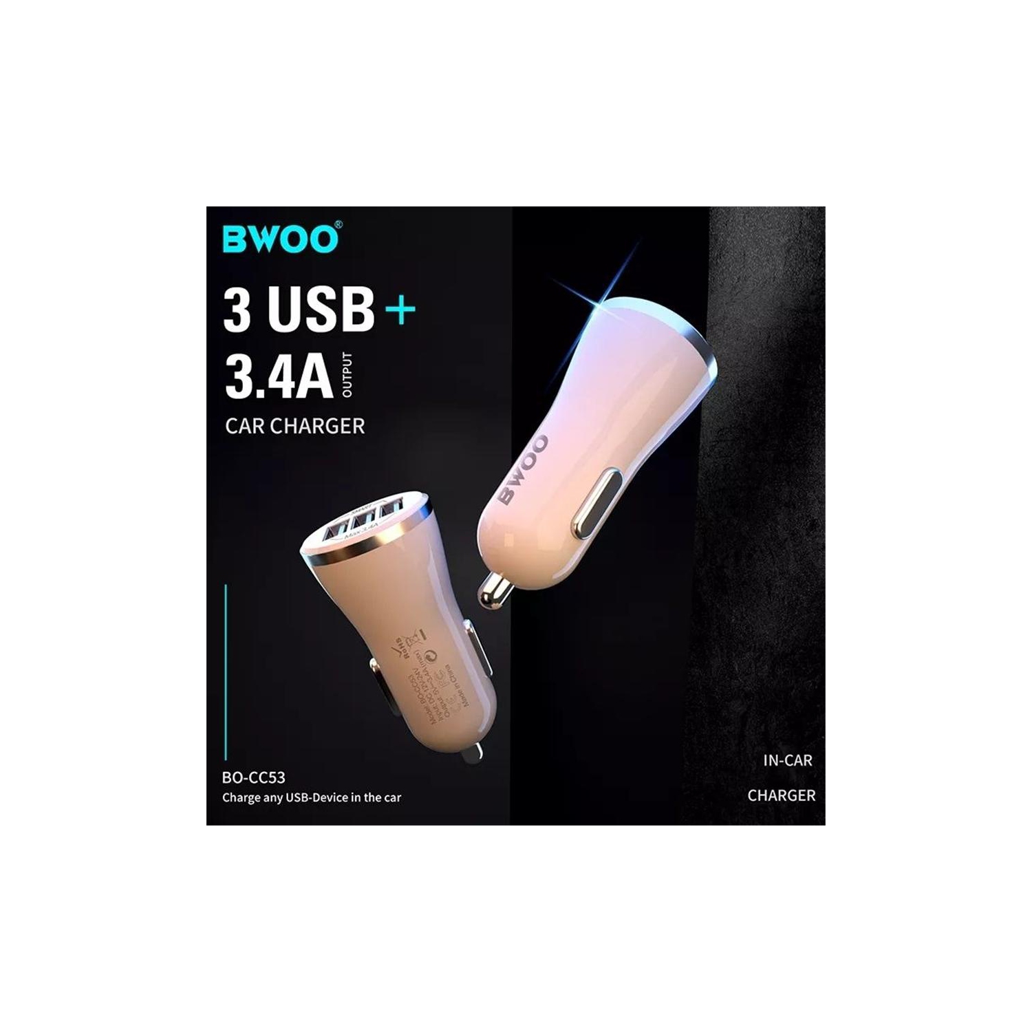 BWOO - Chargeur de Voiture avec 3 Ports USB, DC 12-24V, Sortie 5V 3.4A, Coque Ignifuge, Blanc