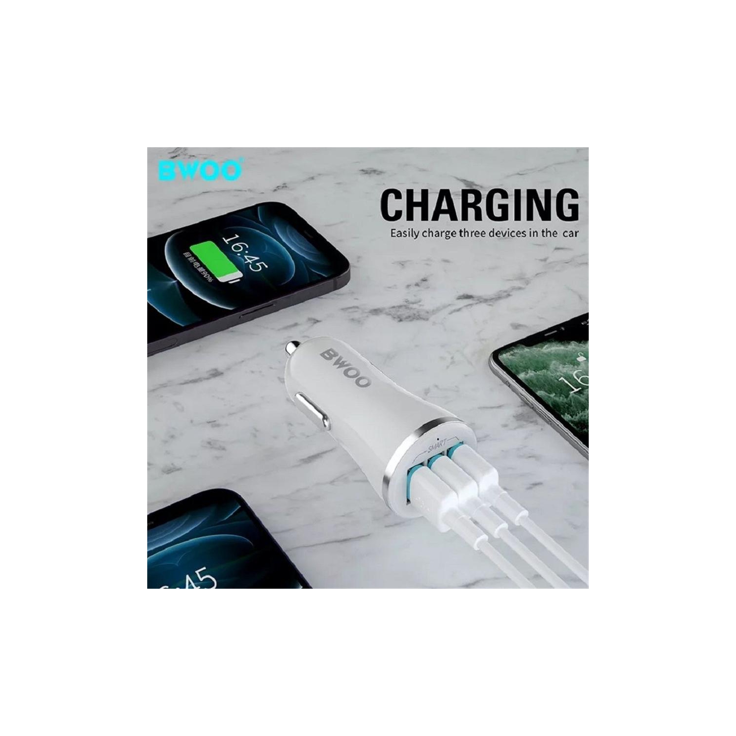 BWOO - Chargeur de Voiture avec 3 Ports USB, DC 12-24V, Sortie 5V 3.4A, Coque Ignifuge, Blanc