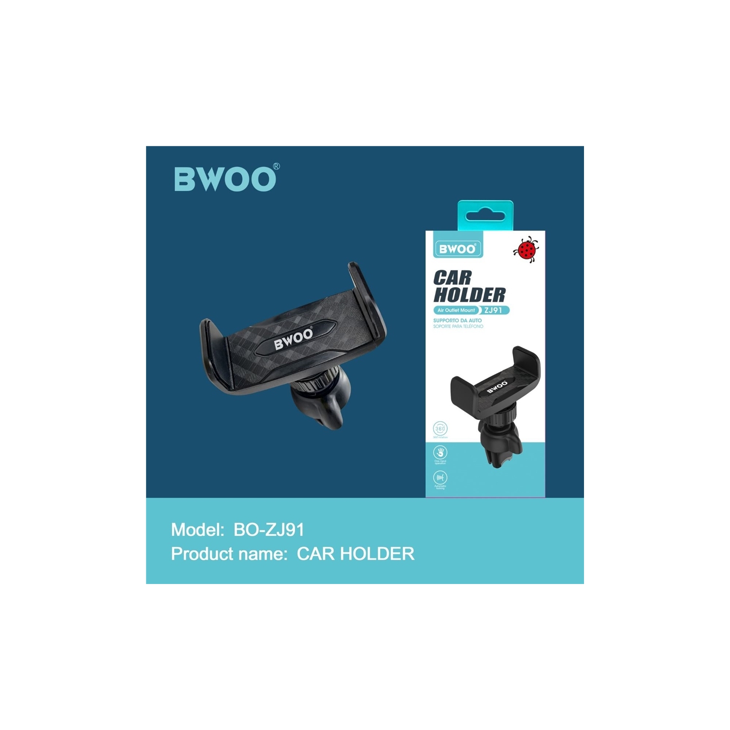 BWOO - Universal Car Vent Hatch Phone Holder, 360 Degree Rotation, Black