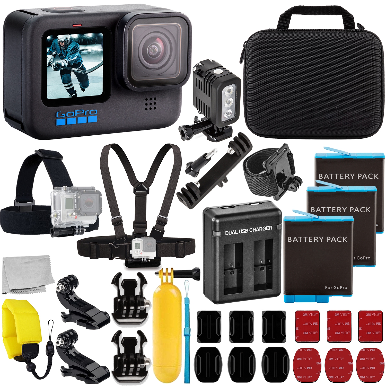 GoPro HERO10 (Hero 10) Black with Deluxe Accessory Bundle: 3x Replacement Batteries, Dual USB Charger, Underwater LED Light with Bracket, Water Resistant Action Camera Case, & Much More