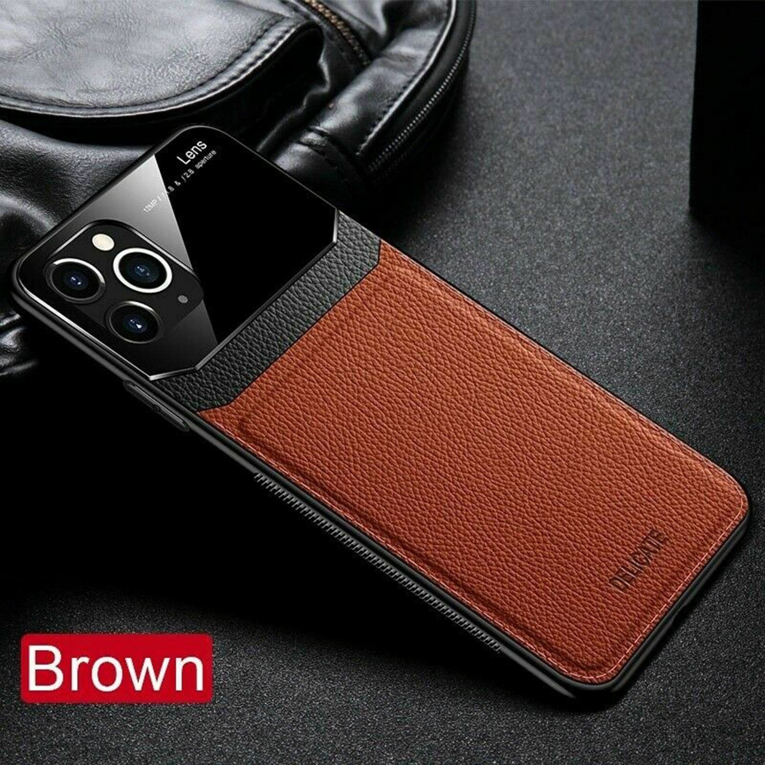 Delfin Leather Case Anti Slide Camera Protection Shockproof cover Plexiglass Bumper Phone Case Slim Cover for iPhone 12 PRO MAX -Brown