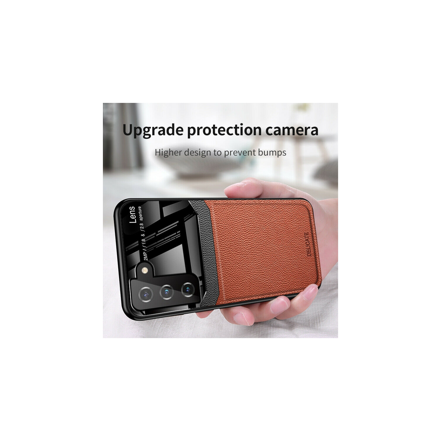 Delfin Leather Case Anti Slide Camera Protection Shockproof cover Plexiglass Bumper Phone Case Slim Cover for Samsung Galaxy S21 PLUS -Brown