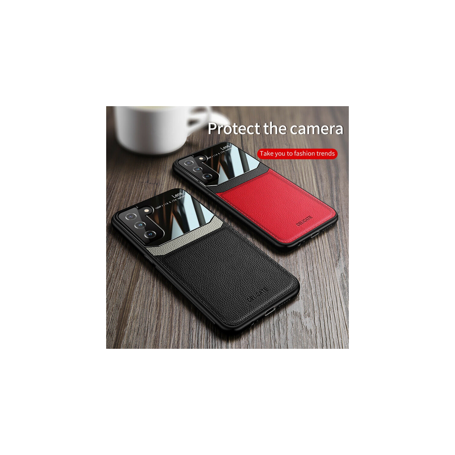 Delfin Leather Case Anti Slide Camera Protection Shockproof cover Plexiglass Bumper Phone Case Slim Cover for Samsung Galaxy S21 PLUS -Brown