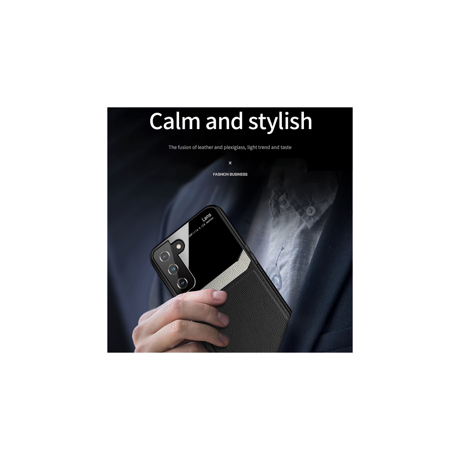 Delfin Leather Case Anti Slide Camera Protection Shockproof cover Plexiglass Bumper Phone Case Slim Cover for Samsung Galaxy S21 PLUS -Black