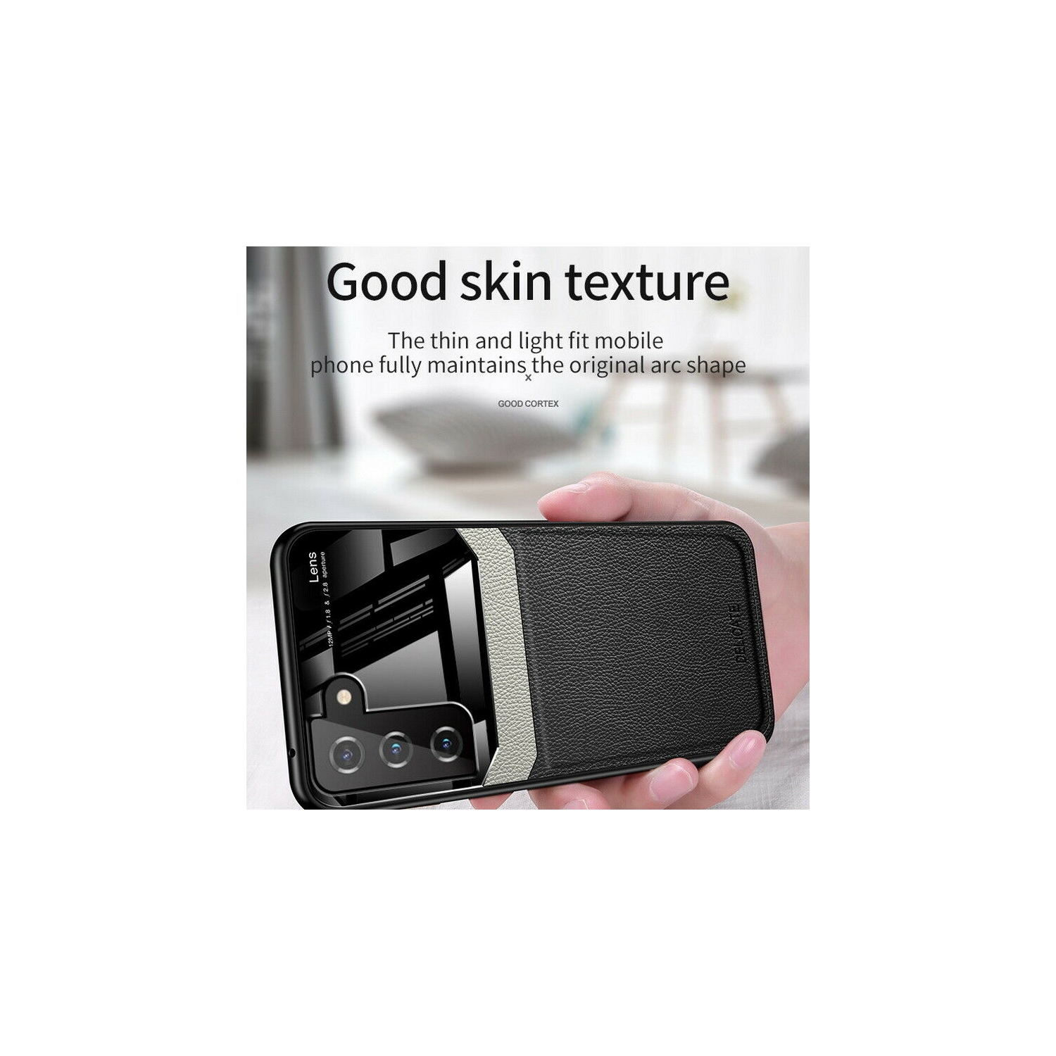 Delfin Leather Case Anti Slide Camera Protection Shockproof cover Plexiglass Bumper Phone Case Slim Cover for Samsung Galaxy S21 PLUS -Black