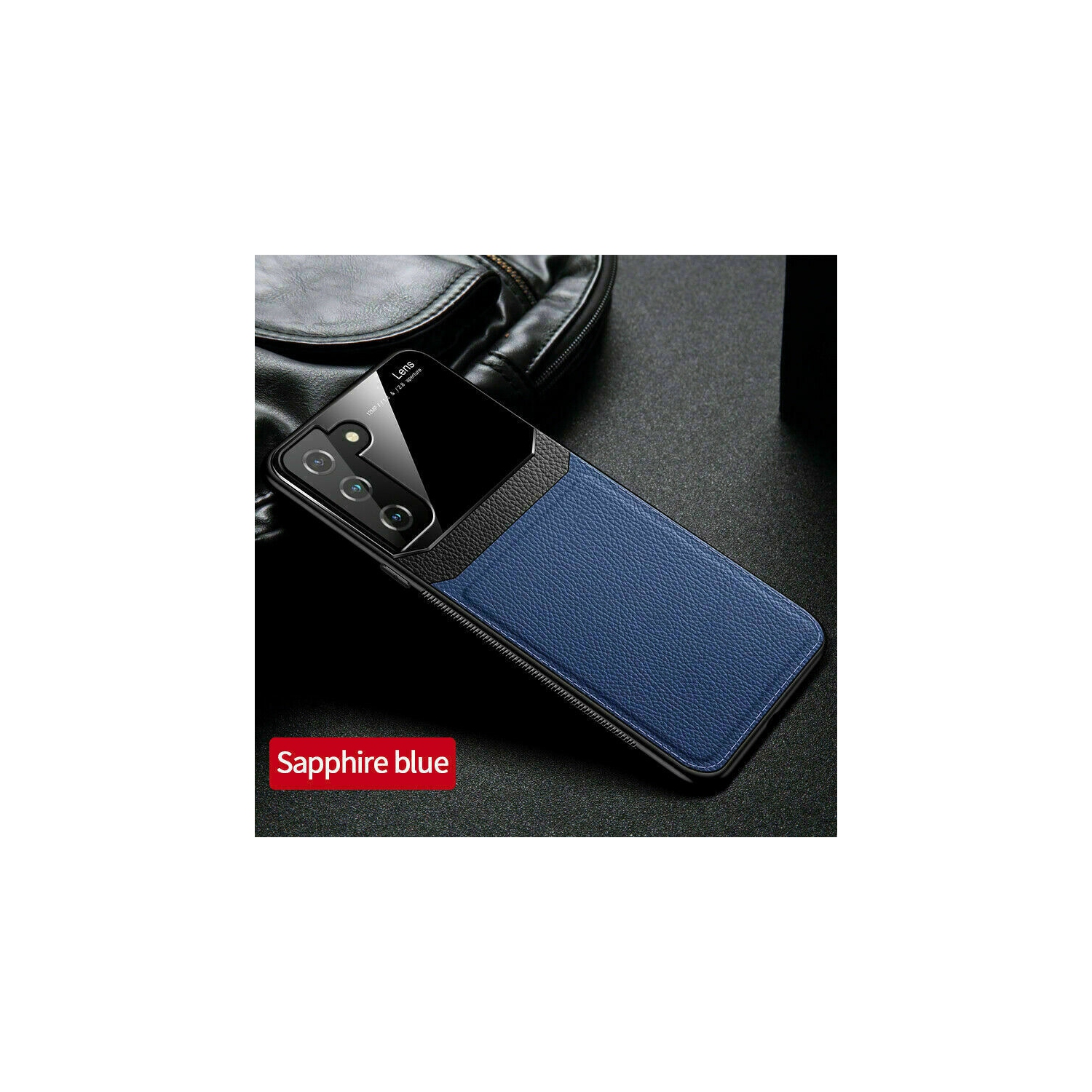 Delfin Leather Case Anti Slide Camera Protection Shockproof cover Plexiglass Bumper Phone Case Slim Cover for Samsung Galaxy S21 PLUS -Blue