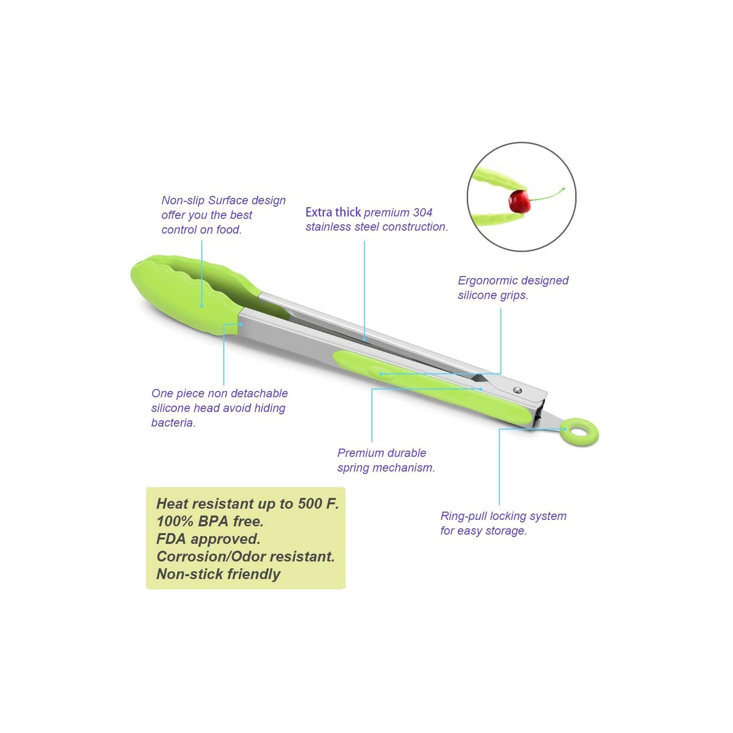 ISTAR Premium Silicone Cooking Tongs, 9-Inch BPA Free Non-Stick Stainless Steel BBQ Grilling Locking Food Tong, Light Green