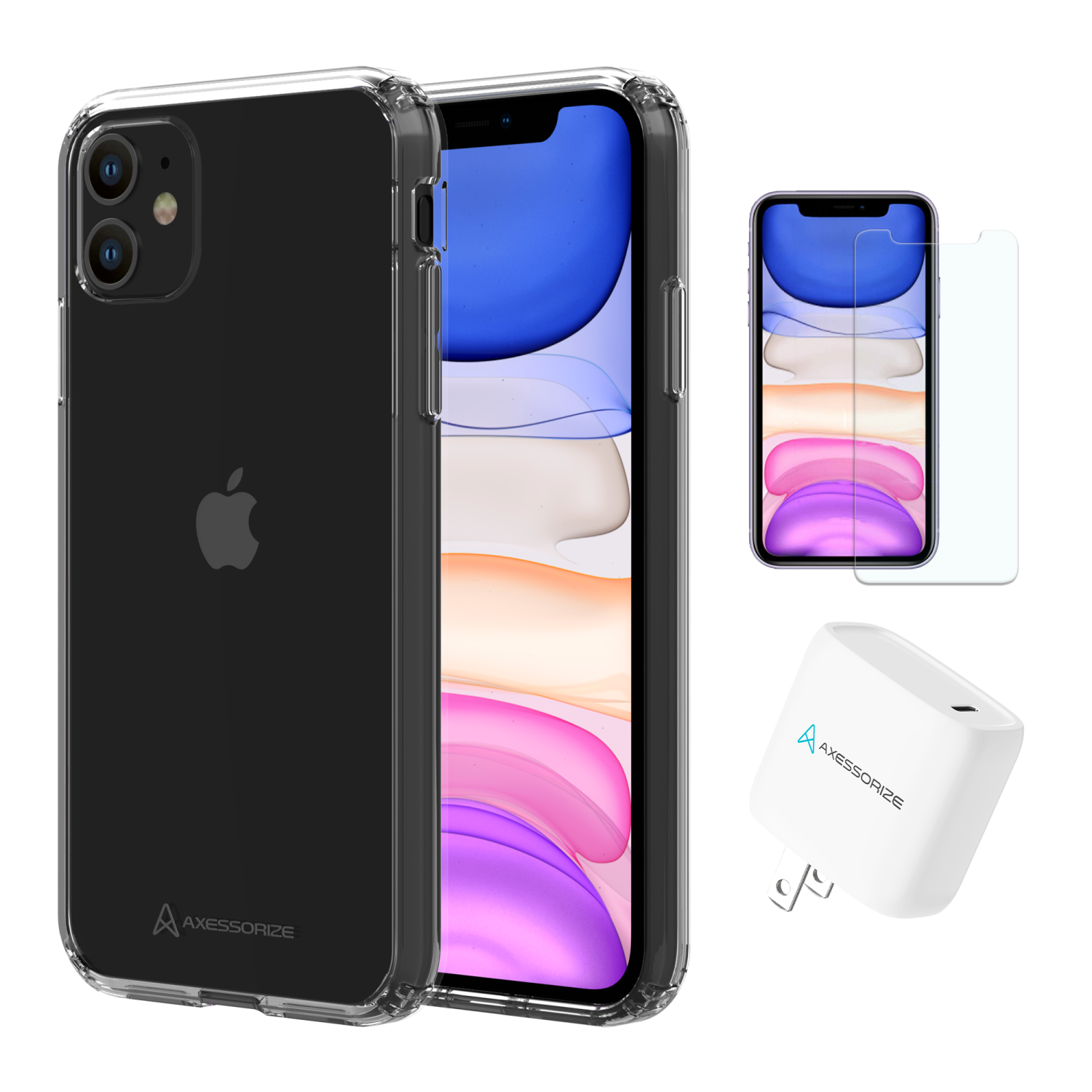 Axessorize Starter Kit bundle | Ultra Clear Case, Screen Protector and 20w Charger for Apple iPhone XR/11
