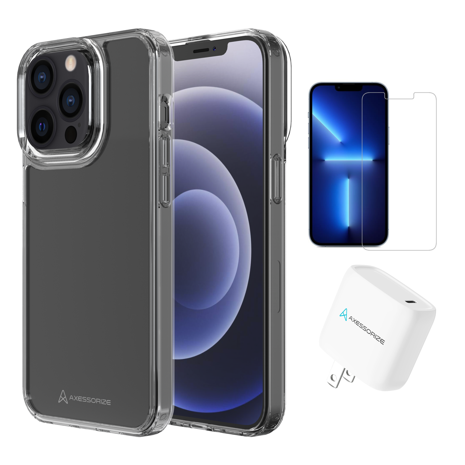 Axessorize Starter Kit bundle | Ultra Clear Case, Screen Protector and 20w Charger for Apple iPhone 13 Pro