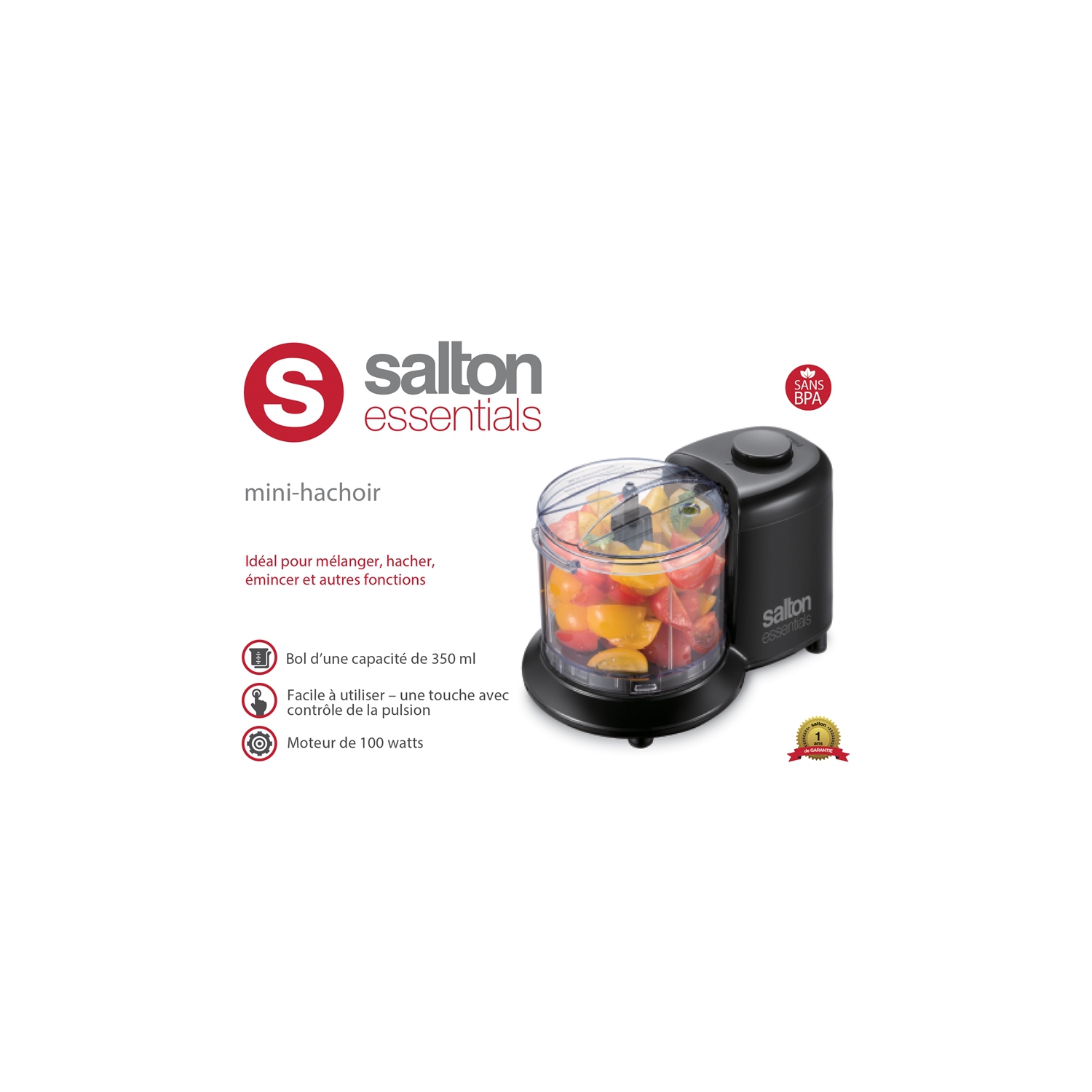 Salton Essentials - Mini Hachoir Électrique avec une Capacité de 1.4 Tasses, 100 Watts, Noir