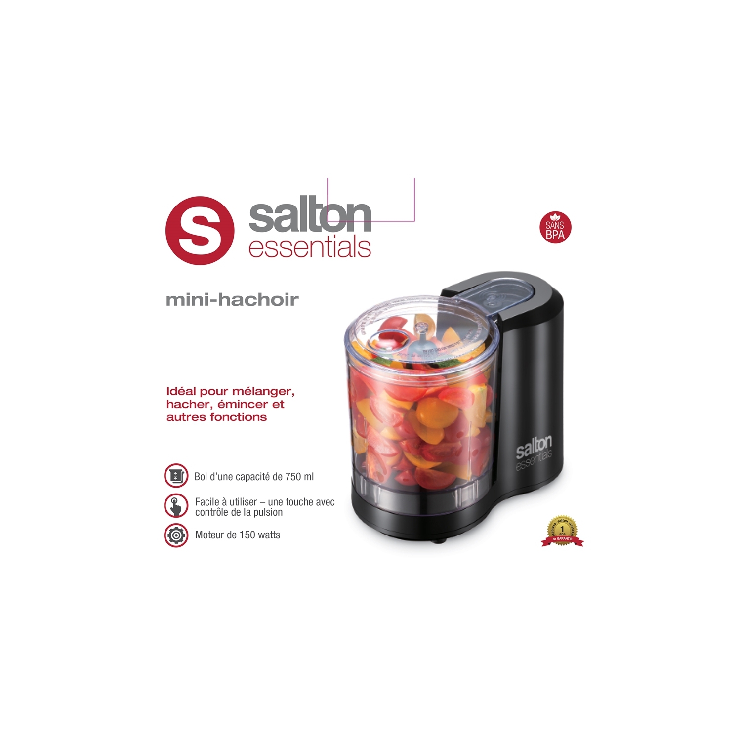Salton Essentials - Electric Chopper with 3 Cup Capacity, 150 Watts, Black