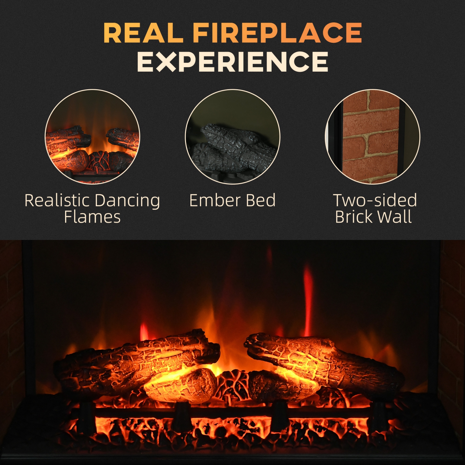 HOMCOM 27" Electric Fireplace Insert for Wooden Cabinet, Recessed Fireplace Heater with Realistic Log Flame, 4 Brightness, Adjustable Temperature, 6H