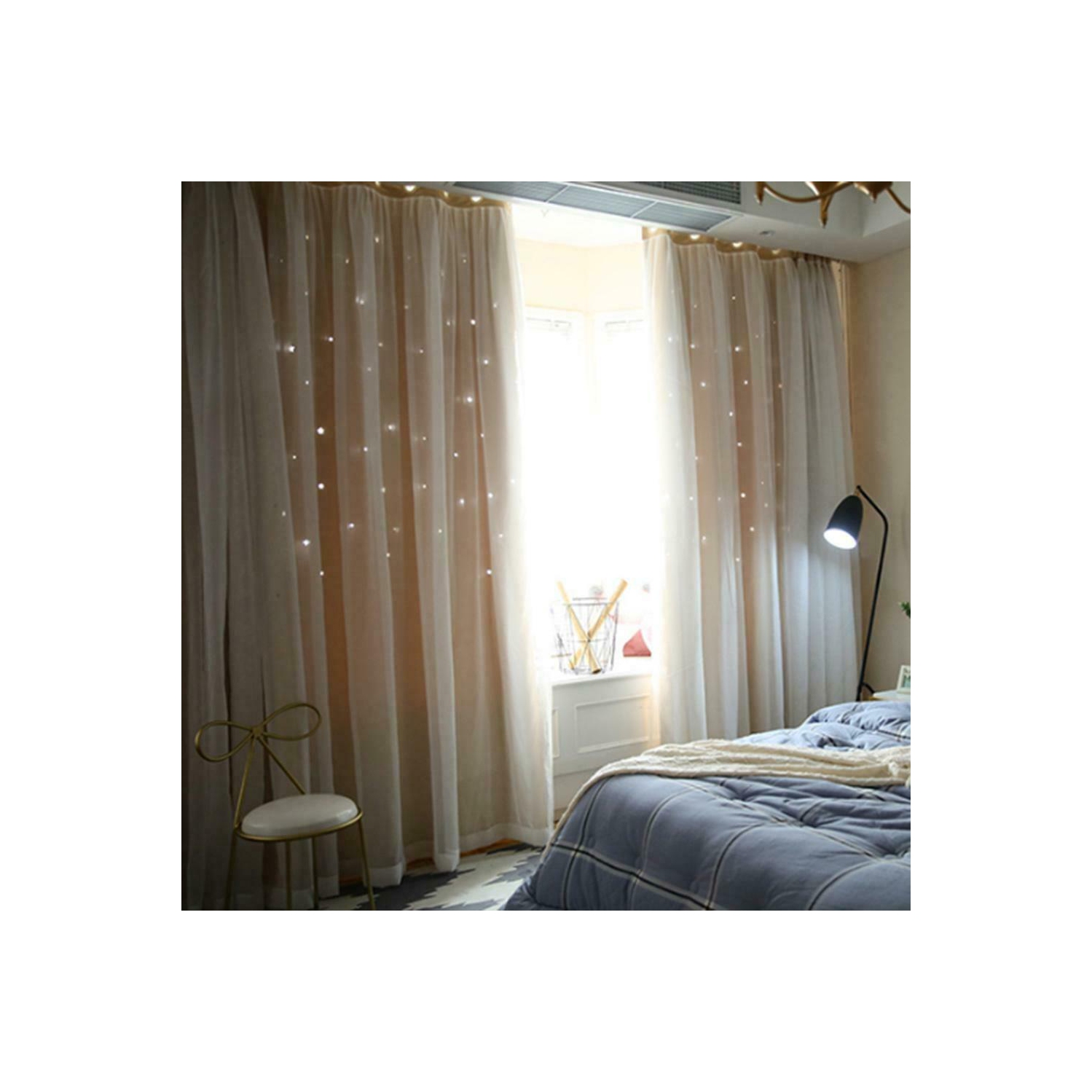 2pcs Hollowed Star Shading Window Curtain Drapes Purdah for Home(Ivory)