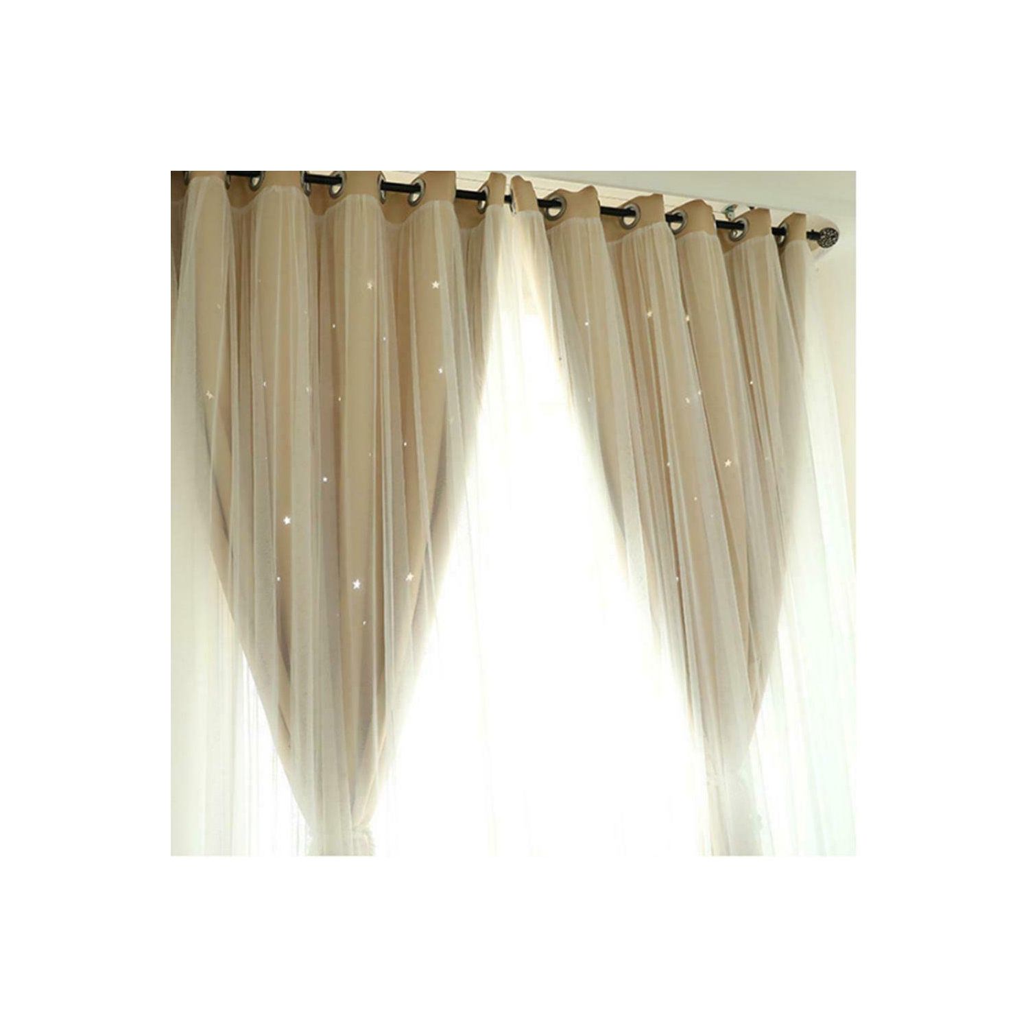 2pcs Hollowed Star Shading Window Curtain Drapes Purdah for Home(Ivory)