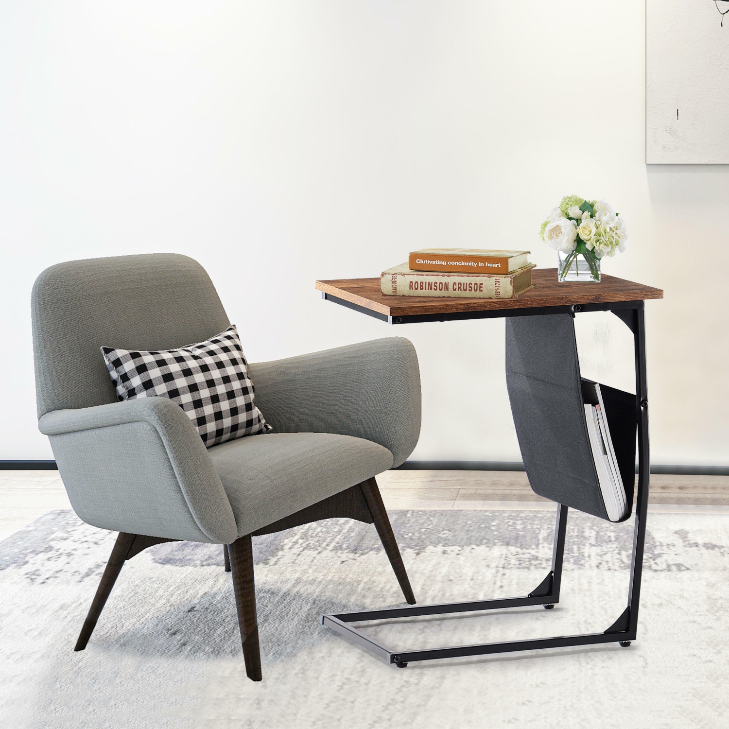 Table d'appoint de canapé en forme de C, table basse de bout avec porte-revues en tissu et pochette d'appoint pour la chambre à coucher du salon