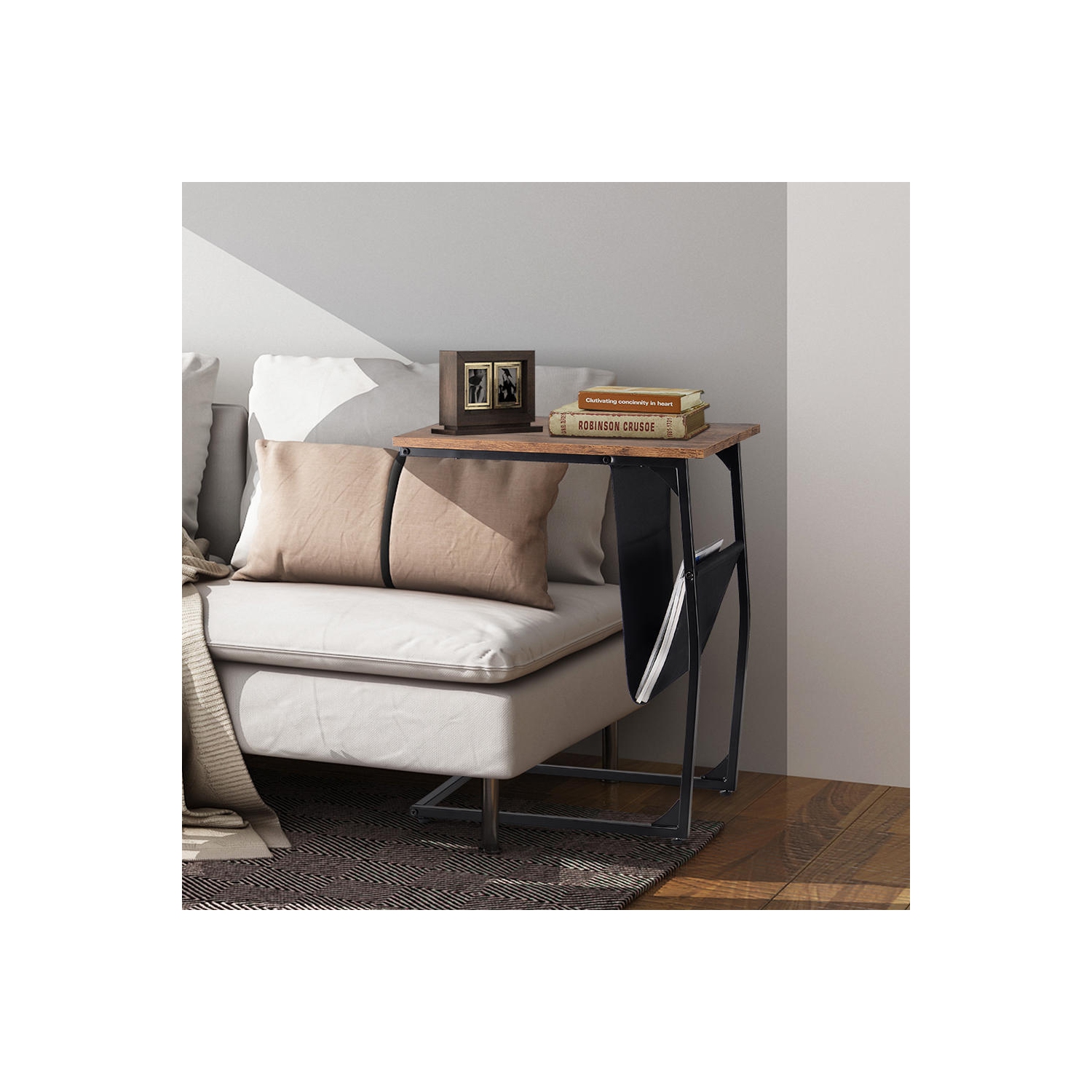 Table d'appoint de canapé en forme de C, table basse de bout avec porte-revues en tissu et pochette d'appoint pour la chambre à coucher du salon