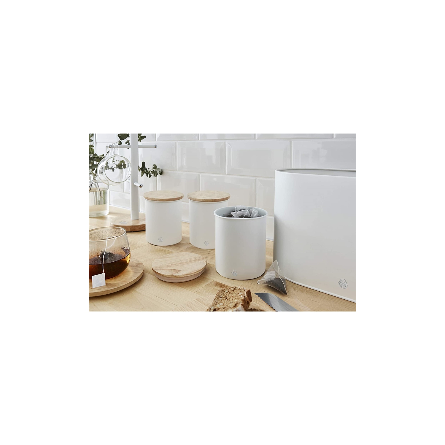Swan - Set of 3 Nordic Collection Storage Canisters with Bamboo Lid, 1.84L Capacity, Matte White