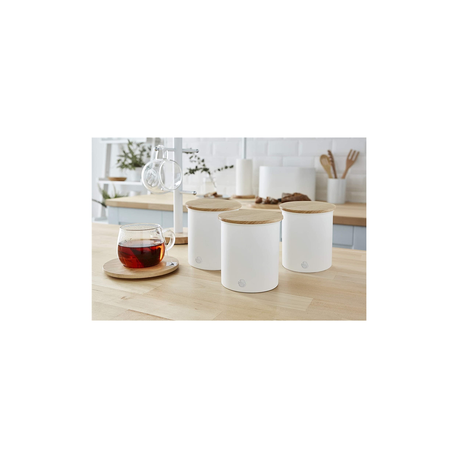 Swan - Set of 3 Nordic Collection Storage Canisters with Bamboo Lid, 1.84L Capacity, Matte White