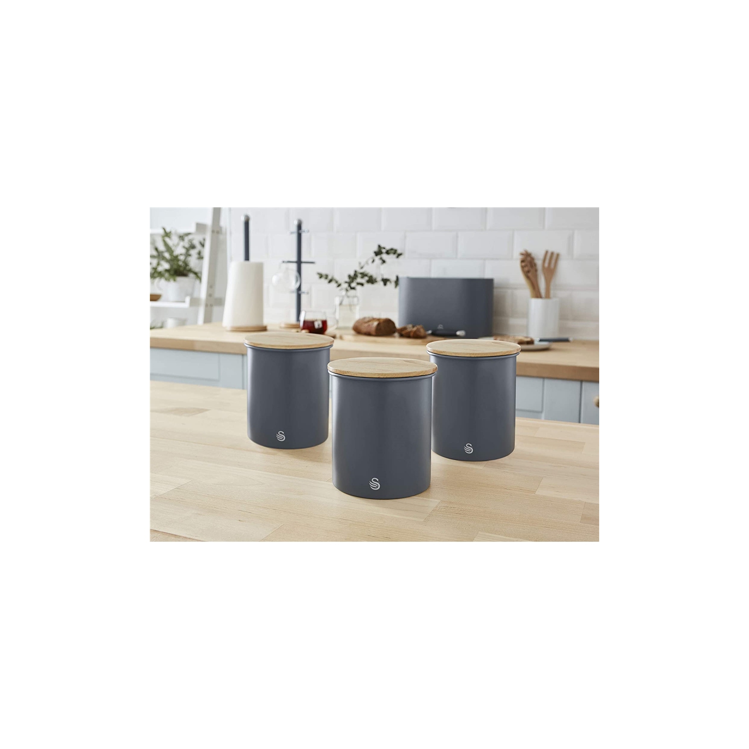Swan - Set of 3 Nordic Collection Storage Canisters with Bamboo Lid, 1.84L Capacity, Matte Gray