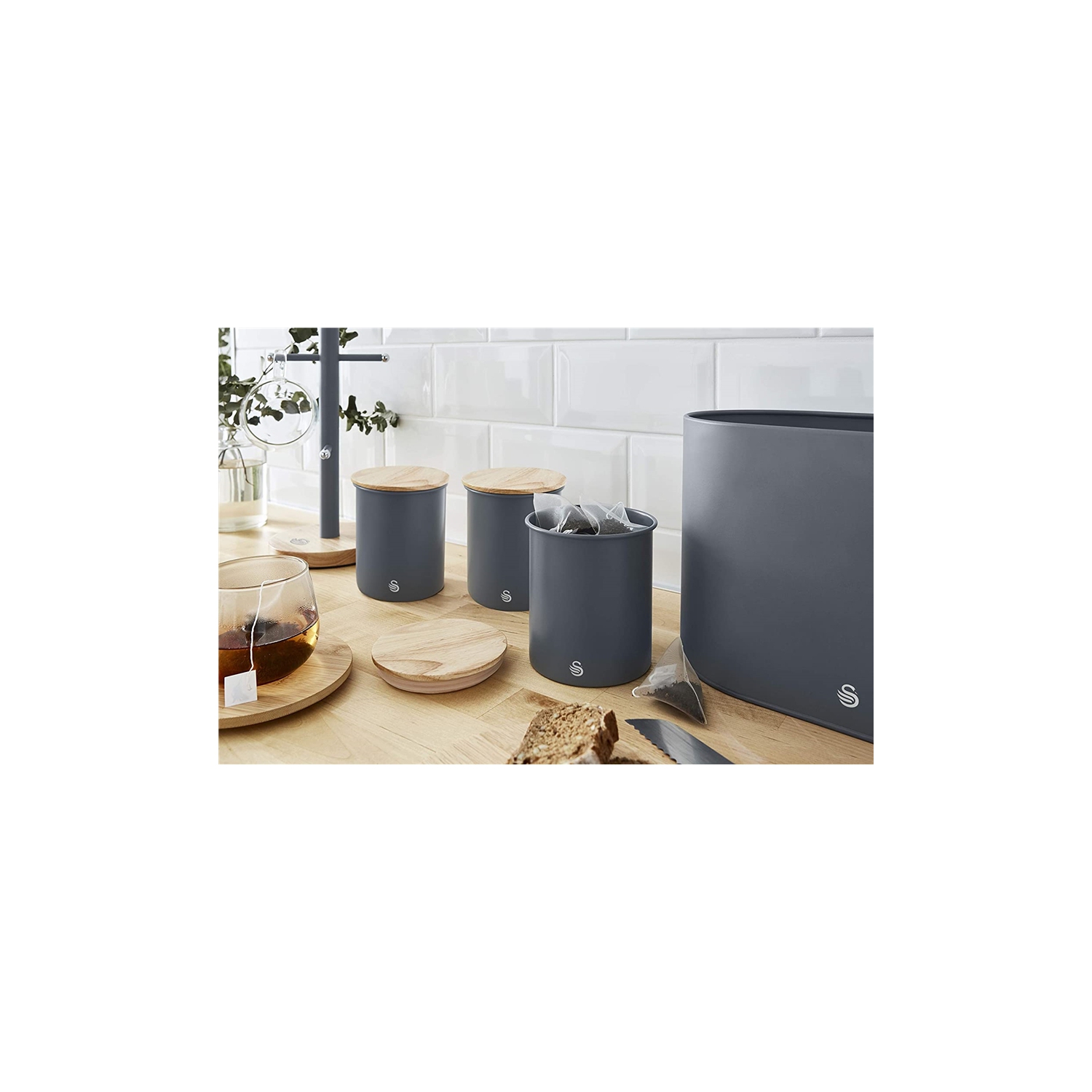 Swan - Set of 3 Nordic Collection Storage Canisters with Bamboo Lid, 1.84L Capacity, Matte Gray