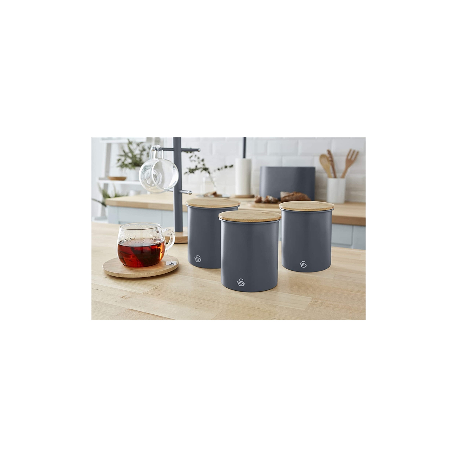 Swan - Set of 3 Nordic Collection Storage Canisters with Bamboo Lid, 1.84L Capacity, Matte Gray
