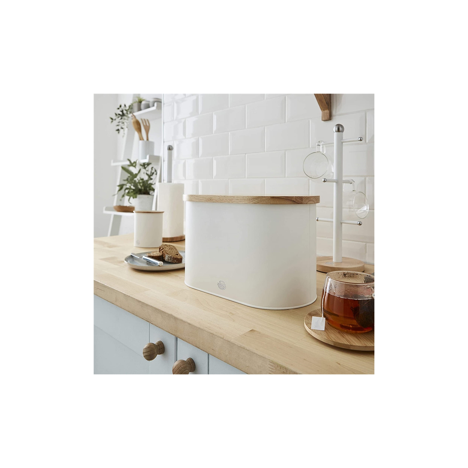 Swan - Nordic Collection Bread Bin with Bamboo Lid, 15cm x 15cm x 35cm, Matte White