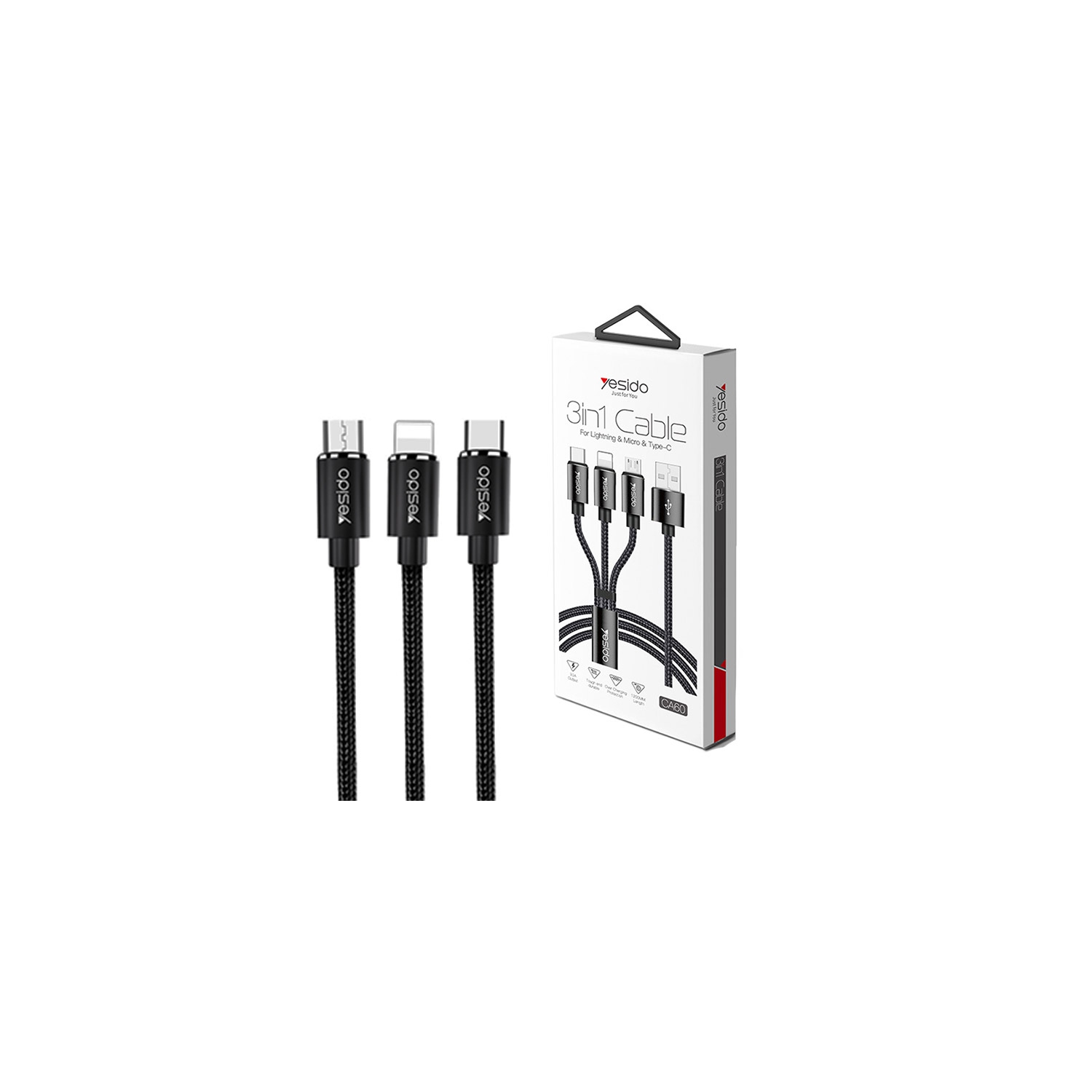 Yesido| 3in1 Multi USB charging cable|Type C, Micro & Iphone| Fast Charging, 3.0A output|