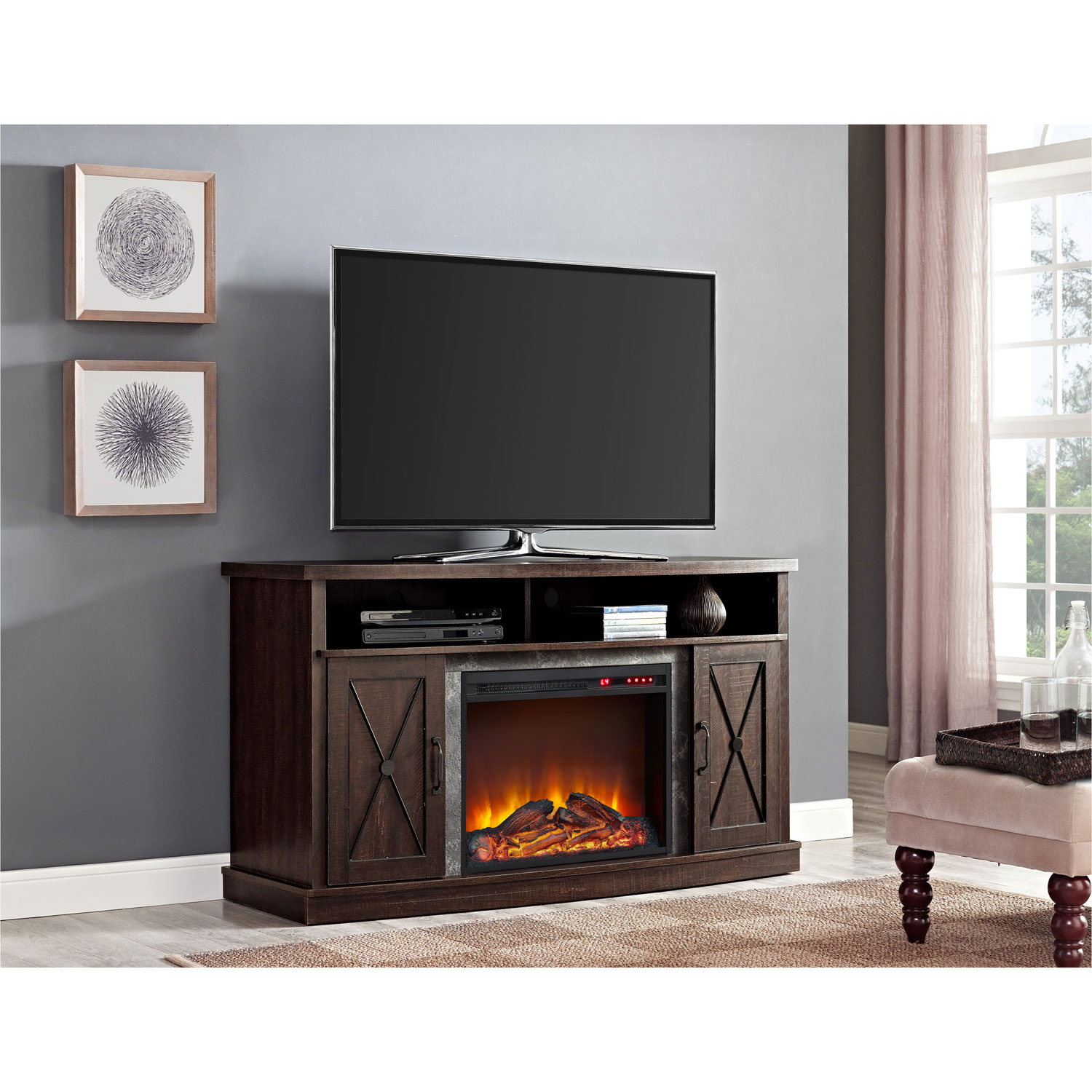 Ameriwood Home Barrow Creek 60" Fireplace TV Stand with Logs Firebox - Espresso