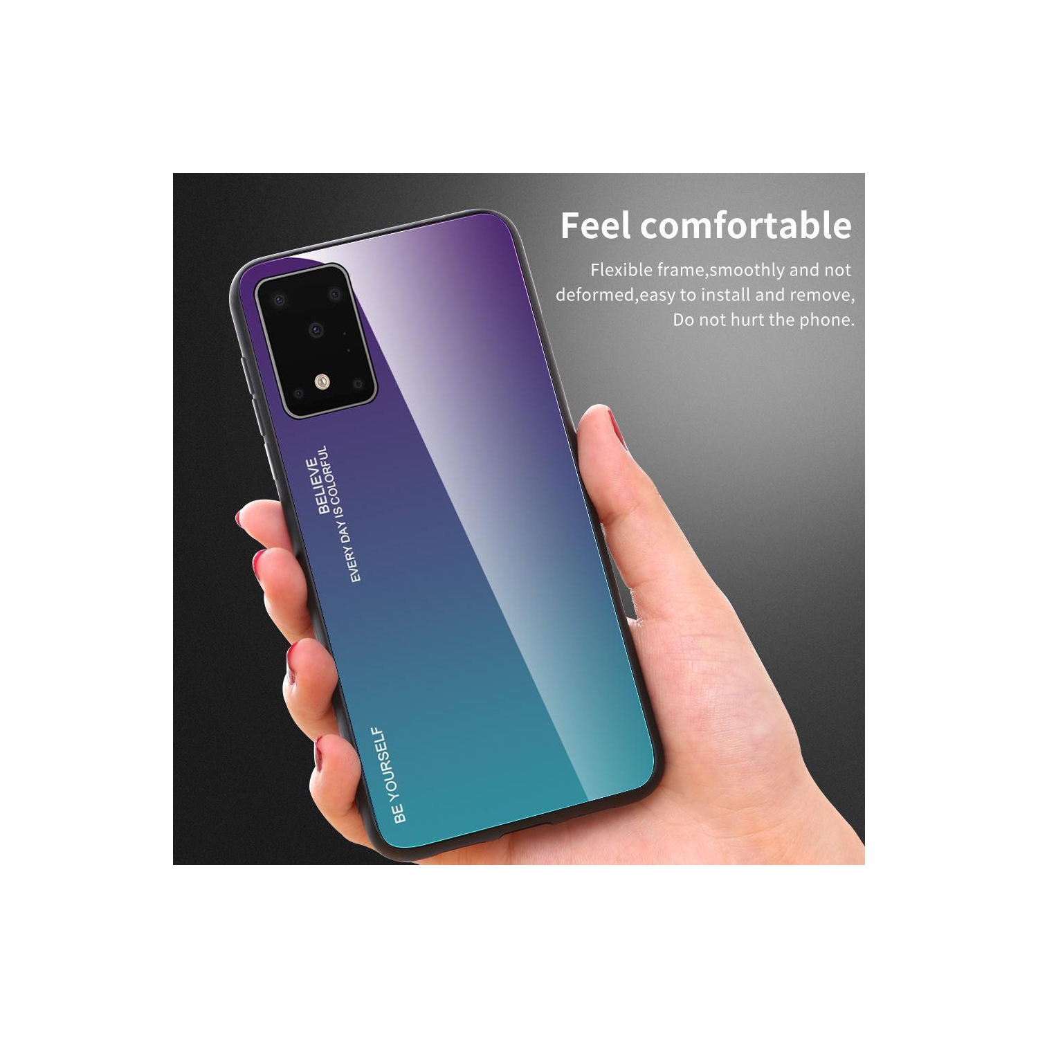 RIVIERA Scratch Resistant Gradient Color Phone Case Anti-fall Tempered Glass Case for Samsung Galaxy S20 FE -Purple and Green