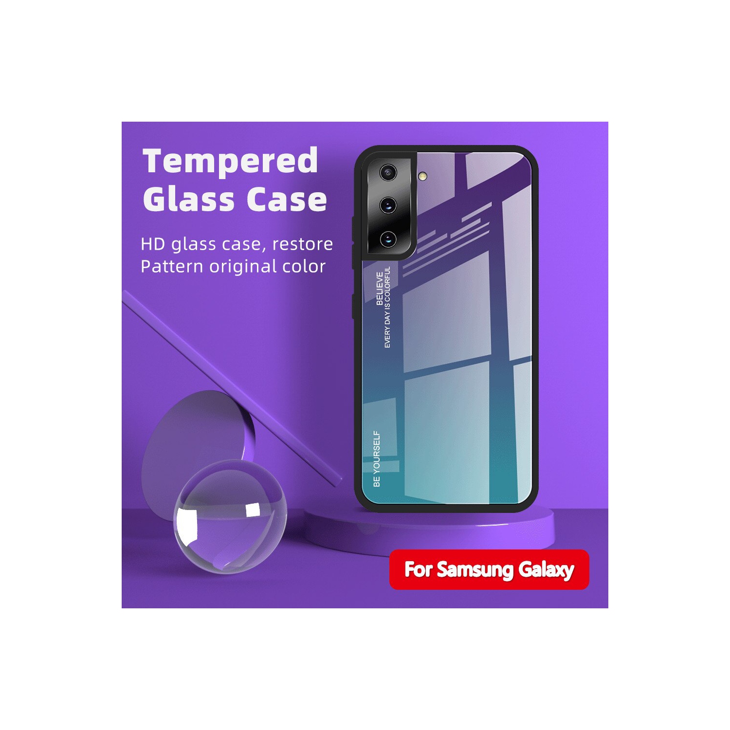 RIVIERA Scratch Resistant Gradient Color Phone Case Anti-fall Tempered Glass Case for Samsung Galaxy S21 PLUS -Purple and Green