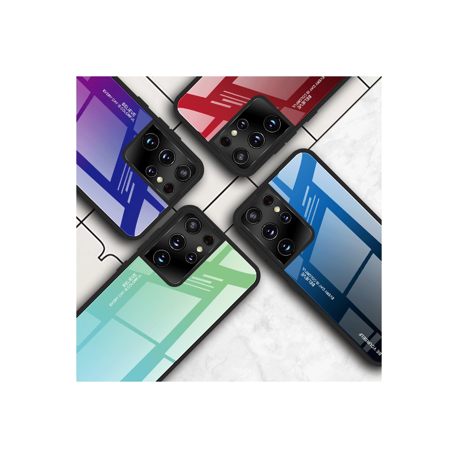 RIVIERA Scratch Resistant Gradient Color Phone Case Anti-fall Tempered Glass Case for Samsung Galaxy S21 ULTRA -Pink and Purple