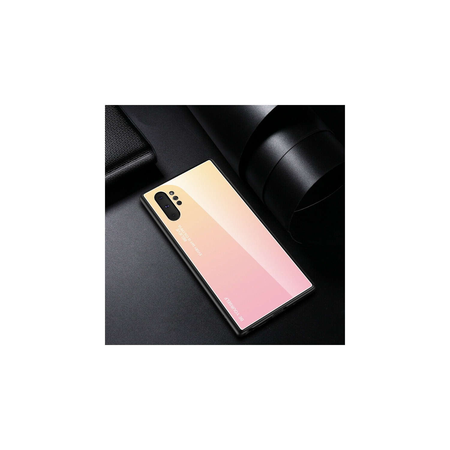 Étui RIGIDE ajusté en verre trempé anti-chute de RIVIERA résistant aux égratignures pour Galaxy NOTE 10 PLUS DE Samsung - Rose et jaune