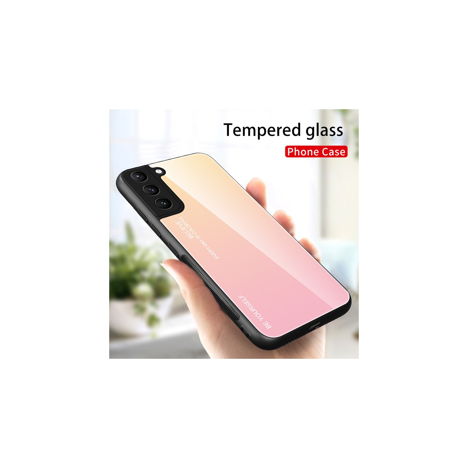 RIVIERA Scratch Resistant Gradient Color Phone Case Anti-fall Tempered Glass Case for Samsung Galaxy S21 PLUS -Pink and Yellow
