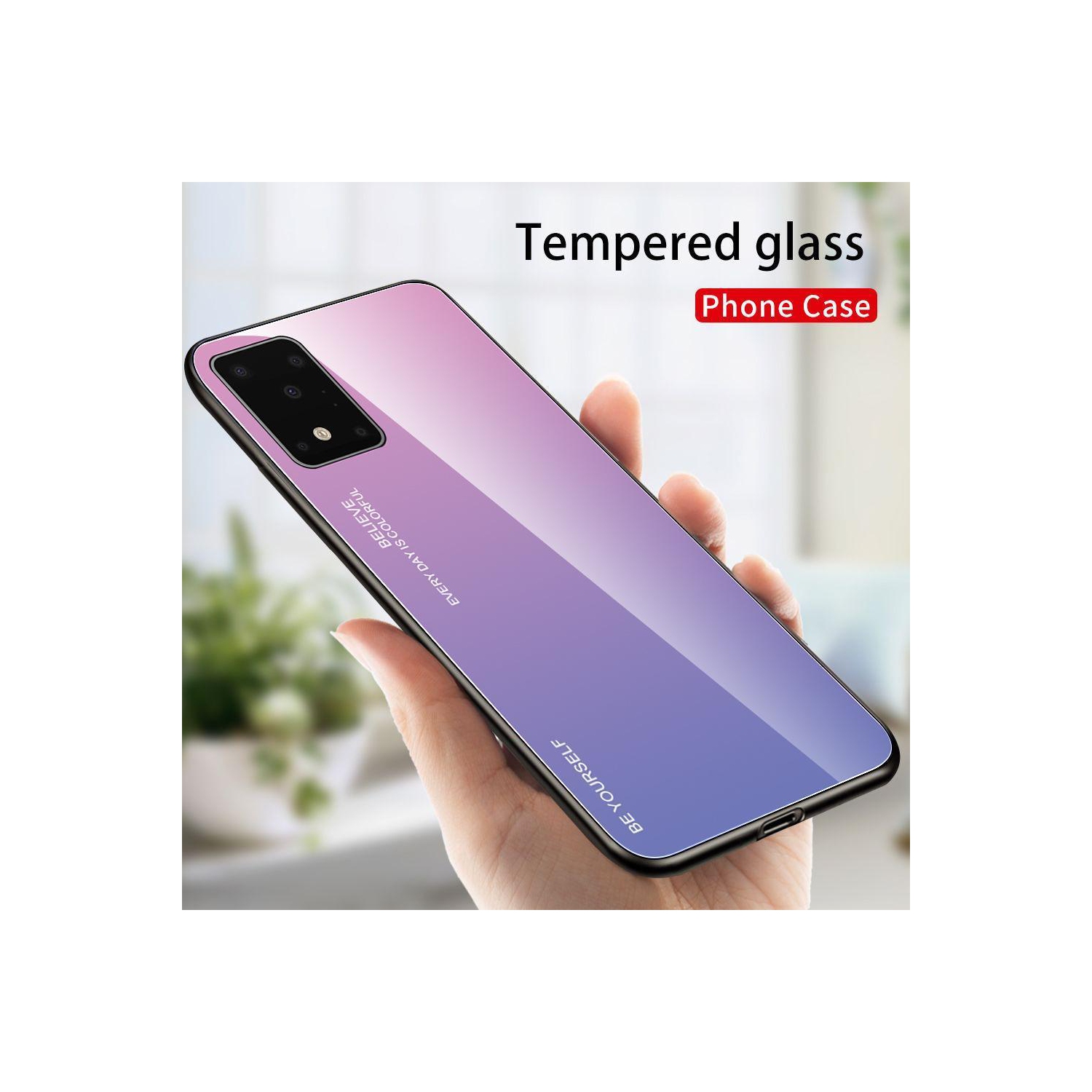 RIVIERA Scratch Resistant Gradient Color Phone Case Anti-fall Tempered Glass Case for Samsung Galaxy S20 FE -Pink and Purple