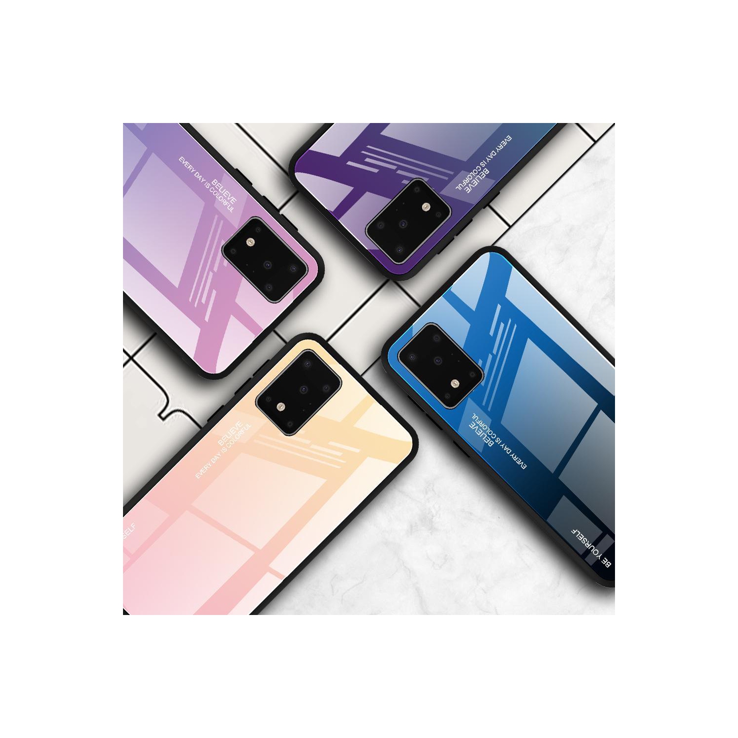 RIVIERA Scratch Resistant Gradient Color Phone Case Anti-fall Tempered Glass Case for Samsung Galaxy S20 FE -Pink and Purple