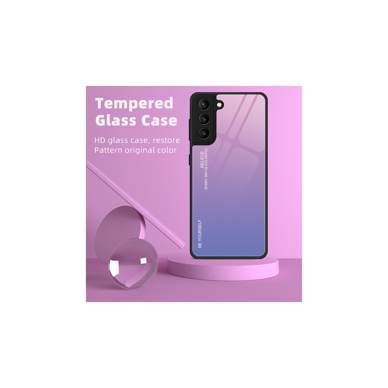 RIVIERA Scratch Resistant Gradient Color Phone Case Anti-fall Tempered Glass Case for Samsung Galaxy S21 PLUS -Pink and Purple