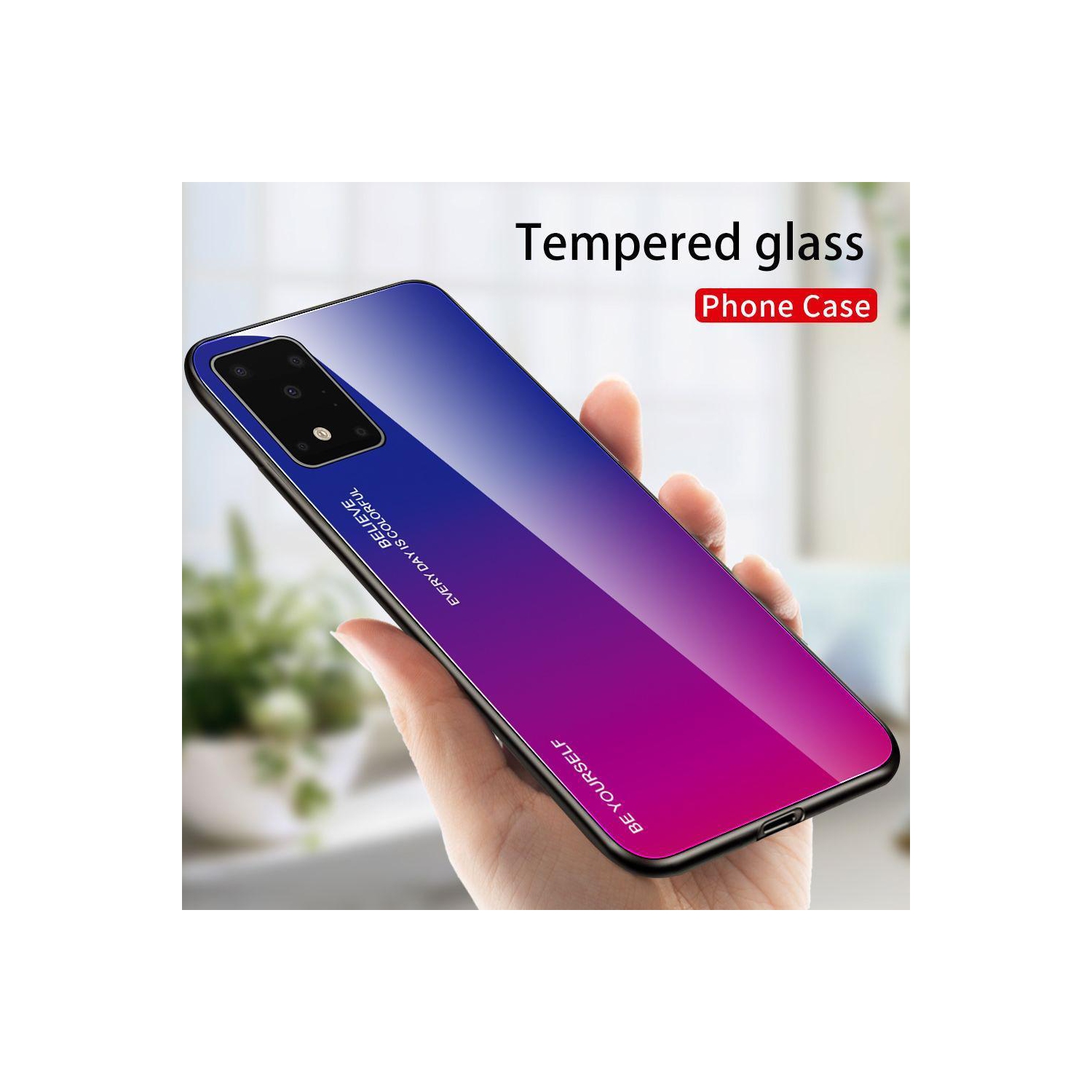 RIVIERA Scratch Resistant Gradient Color Phone Case Anti-fall Tempered Glass Case for Samsung Galaxy S20 FE -Pink and Blue